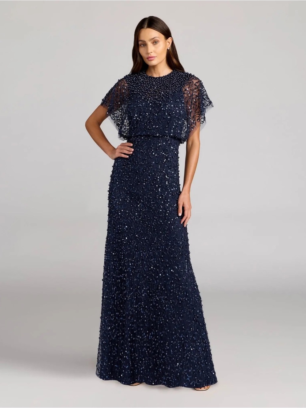 Mac Duggal 14523 Navy High Neck Short Sleeve Embellished Gown Size 10P NWOT